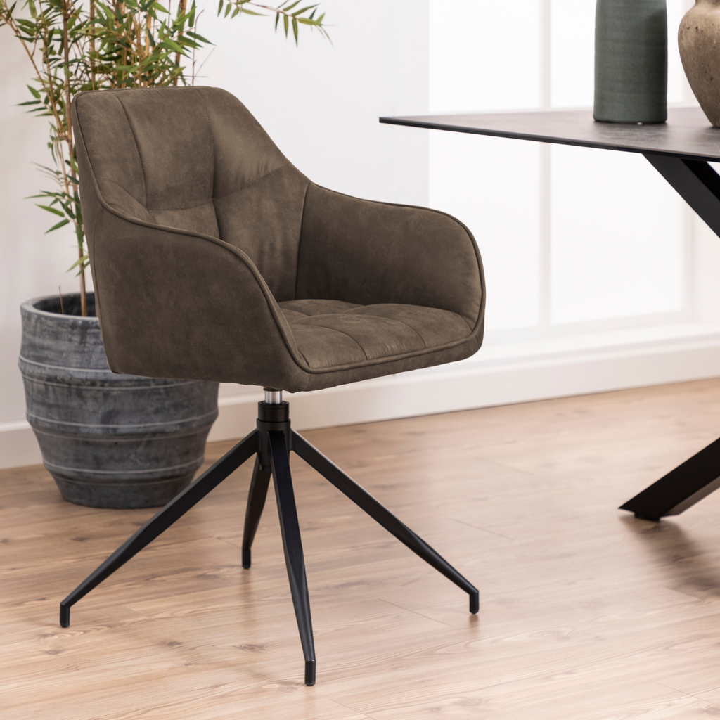 Chaise de salle à manger pivotante, marron clair avec piètement en métal noir