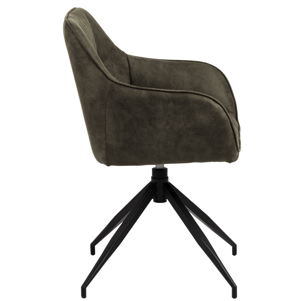 Chaise de salle à manger pivotante vert olive avec piètement en métal noir