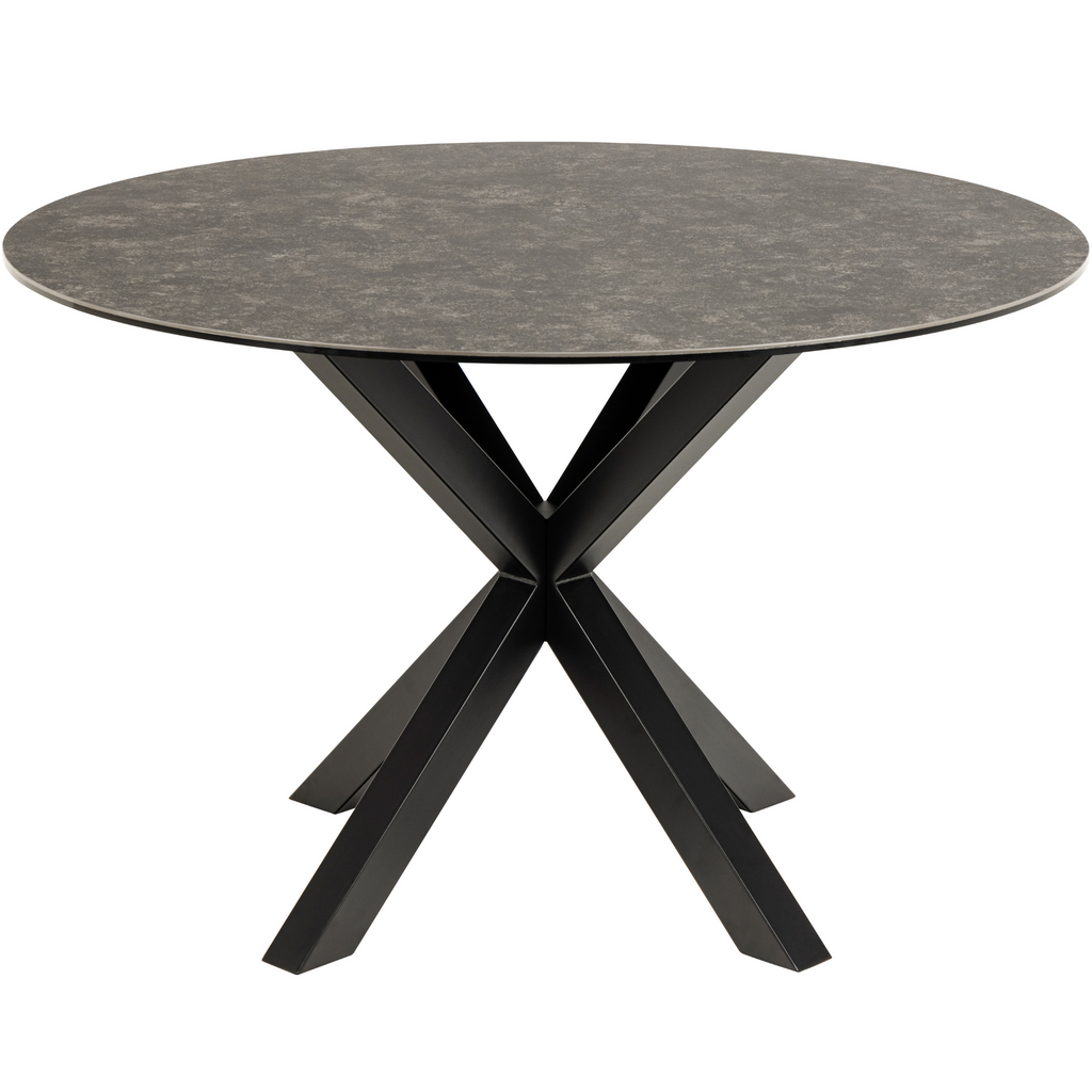 Table de salle à manger ronde aspect marbre noir avec un élégant cadre en métal
