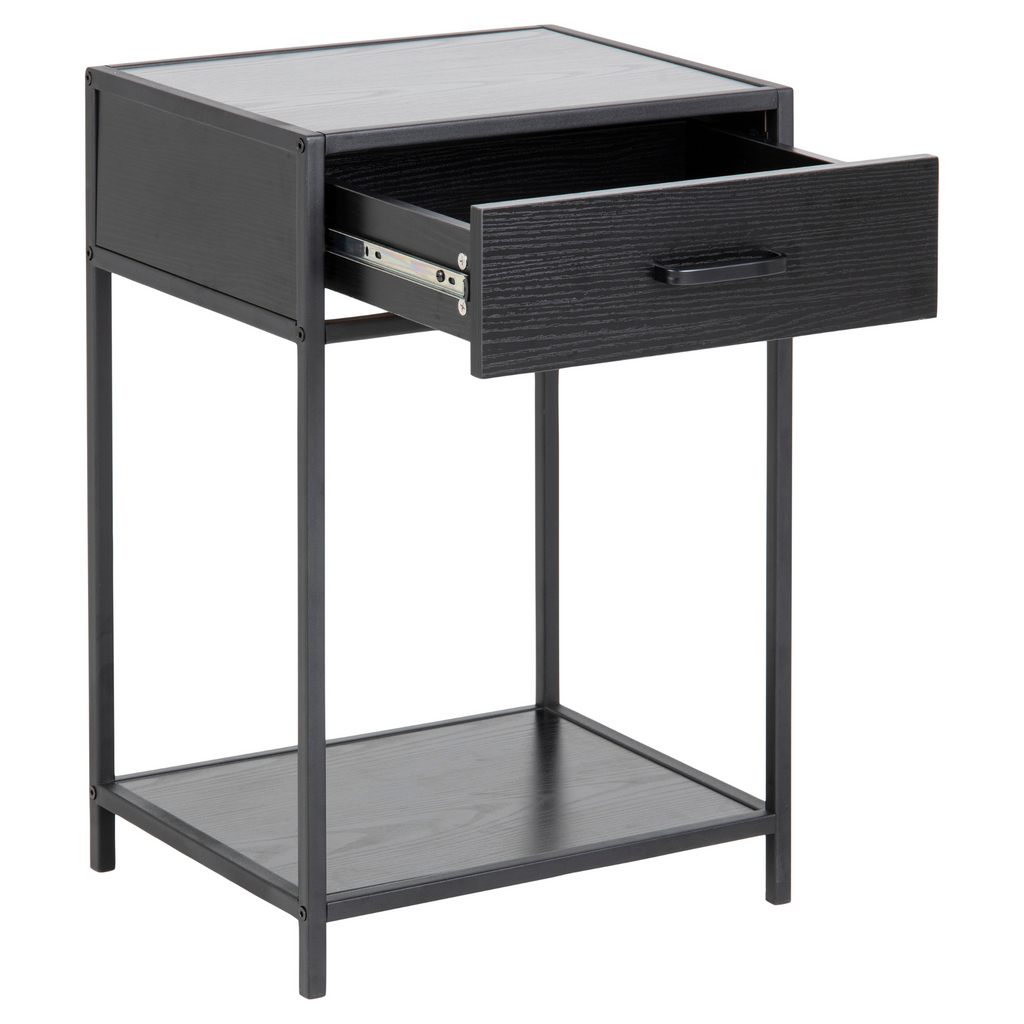 Table de chevet en bois noir avec tiroir, style industriel