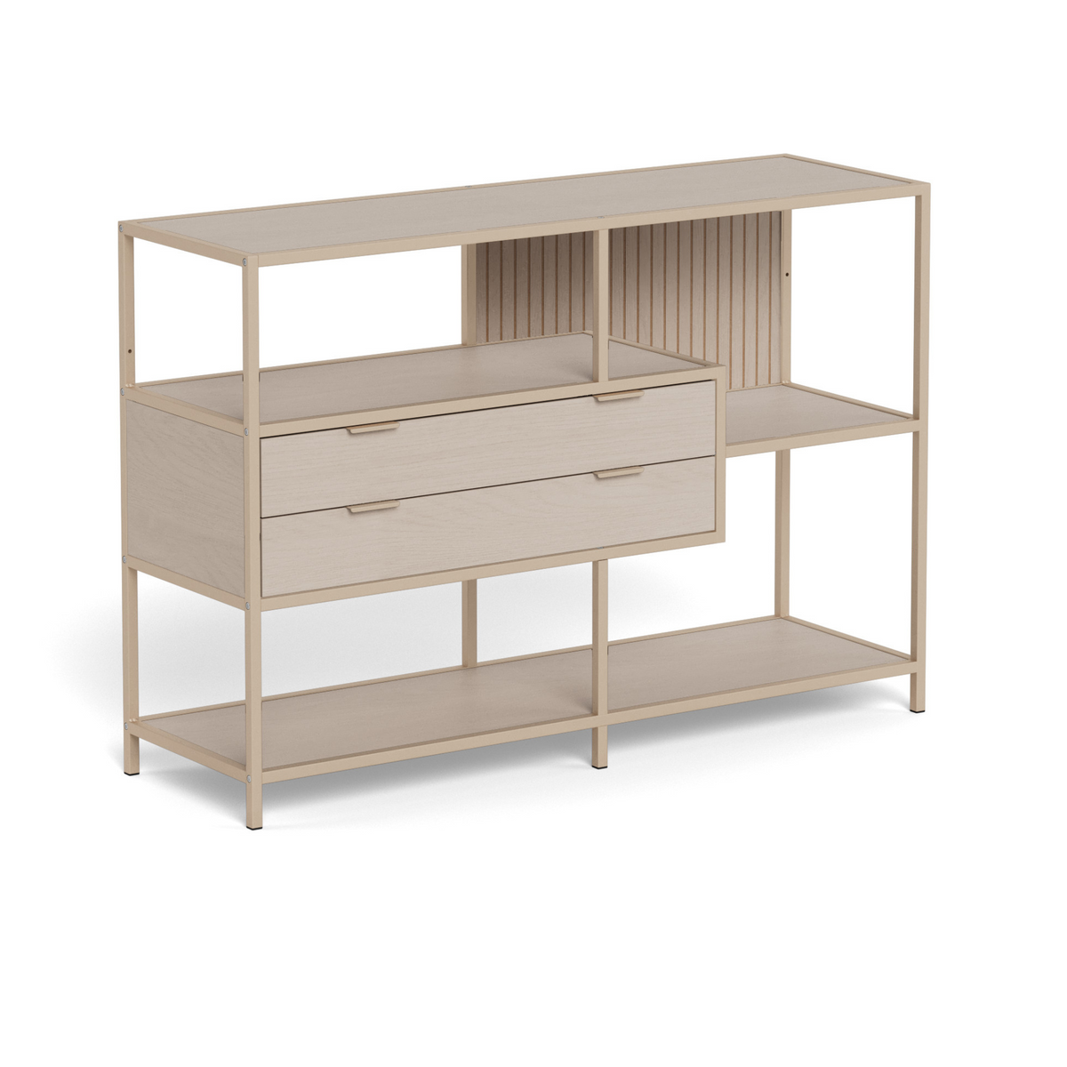 Actona Seaford Regal in Beige mit 2 Schubladen, offenen Fächern und Metallgestell – modernes Skandinavisches Design