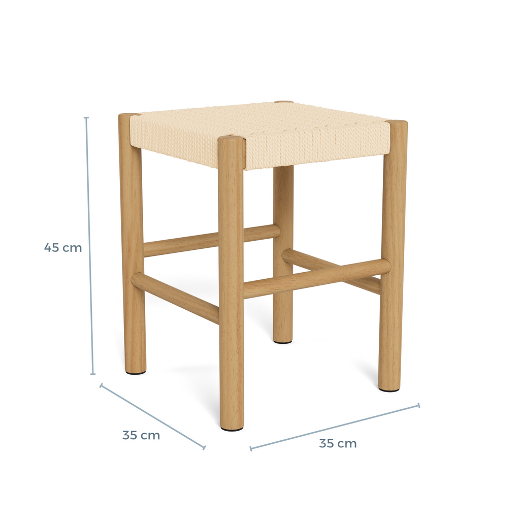 Tabouret tressé couleur crème avec structure en bois naturel