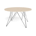 Prunus Couchtisch rund – Tischplatte matt beige lackiert Travertin, Gestell Chrom Stahl