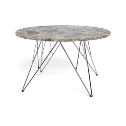 Prunus Couchtisch rund – Tischplatte matt braun Marron lackiert Marmor, Gestell Chrom Stahl