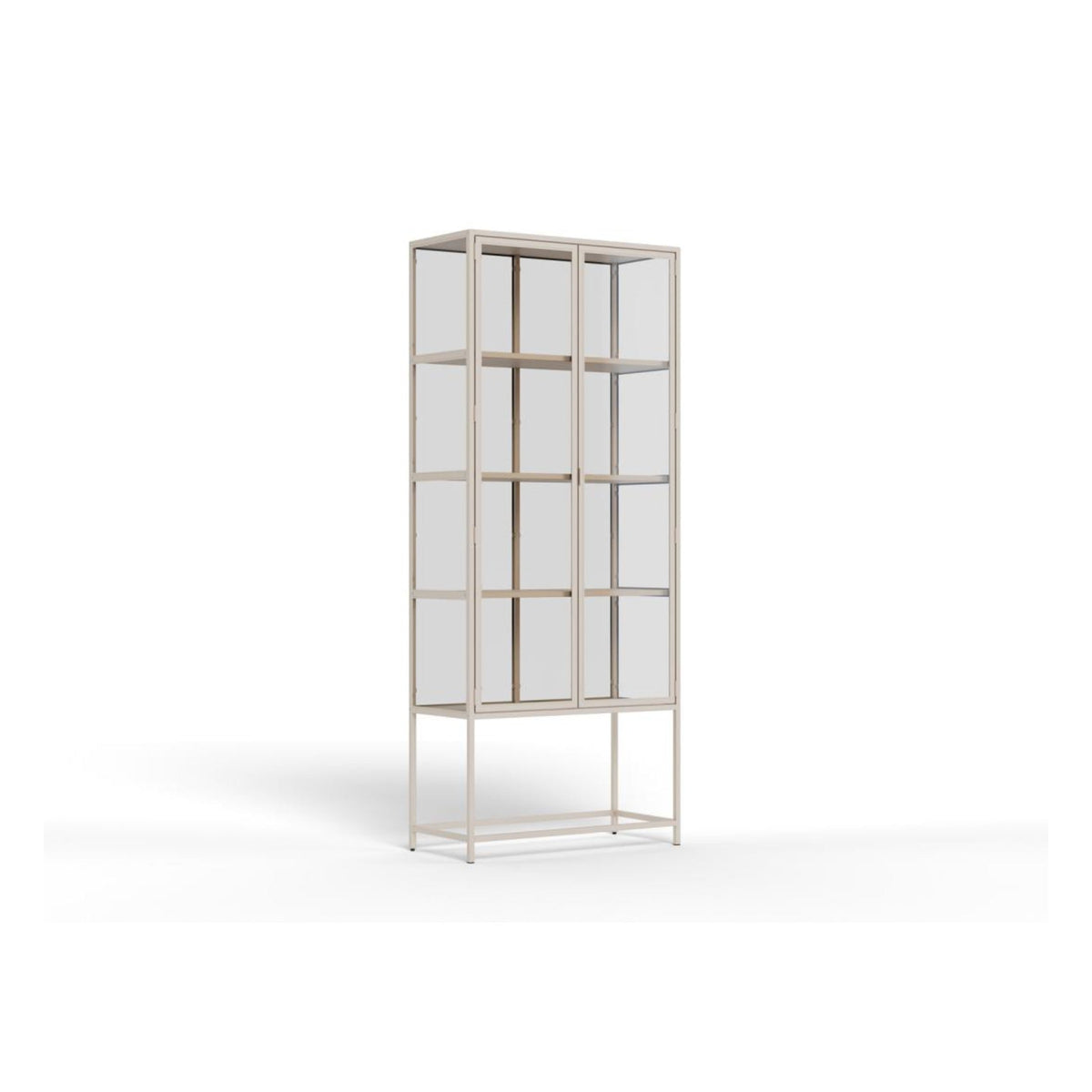 Seaford Vitrine – Korpus und Gestell grau rau pulverbeschichtet Stahl, Top und 4 Böden grau rau Melamin, 2 Türen grau rau pulverbeschichtet Stahl und klar gehärtetet Glas