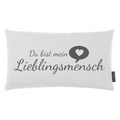 Weisses Magma Kissen mit grauem Schriftzug "Du bist mein Lieblingsmensch" und Herz-Sprechblase