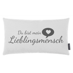 Weisses Magma Kissen mit grauem Schriftzug "Du bist mein Lieblingsmensch" und Herz-Sprechblase
