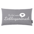 Graues Magma Dekokissen mit weissem Schriftzug "Du bist mein Lieblingsmensch" und Herz-Sprechblase