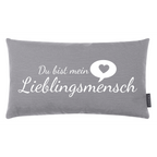 Graues Magma Dekokissen mit weissem Schriftzug "Du bist mein Lieblingsmensch" und Herz-Sprechblase