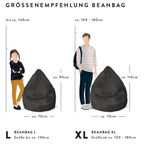 Größenvergleich Magma Beanbag L und XL: L (90x70cm) für bis 140cm, XL (110x70cm) für 100–180cm Körpergröße