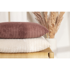 Zwei Cord-Kissen in Braun und Beige auf einem Holzstuhl mit Pampasgras im Hintergrund