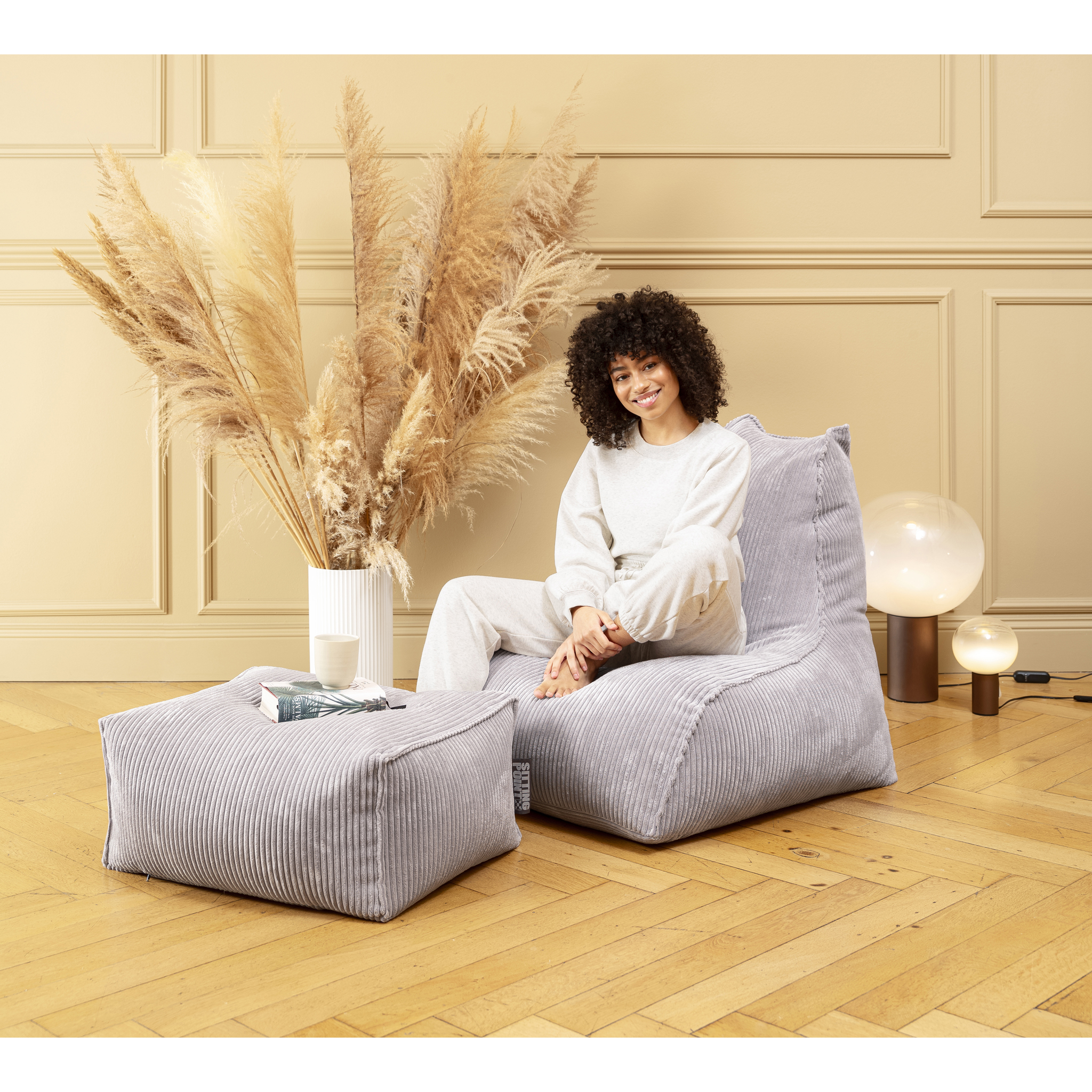 Tabouret Shara, velours côtelé pelucheux, gris