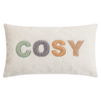 Magma Ava Kissen "COSY" aus weichem Teddy-Fleece in Cremeweiß mit bunten Buchstaben in Grün, Grau und Beige