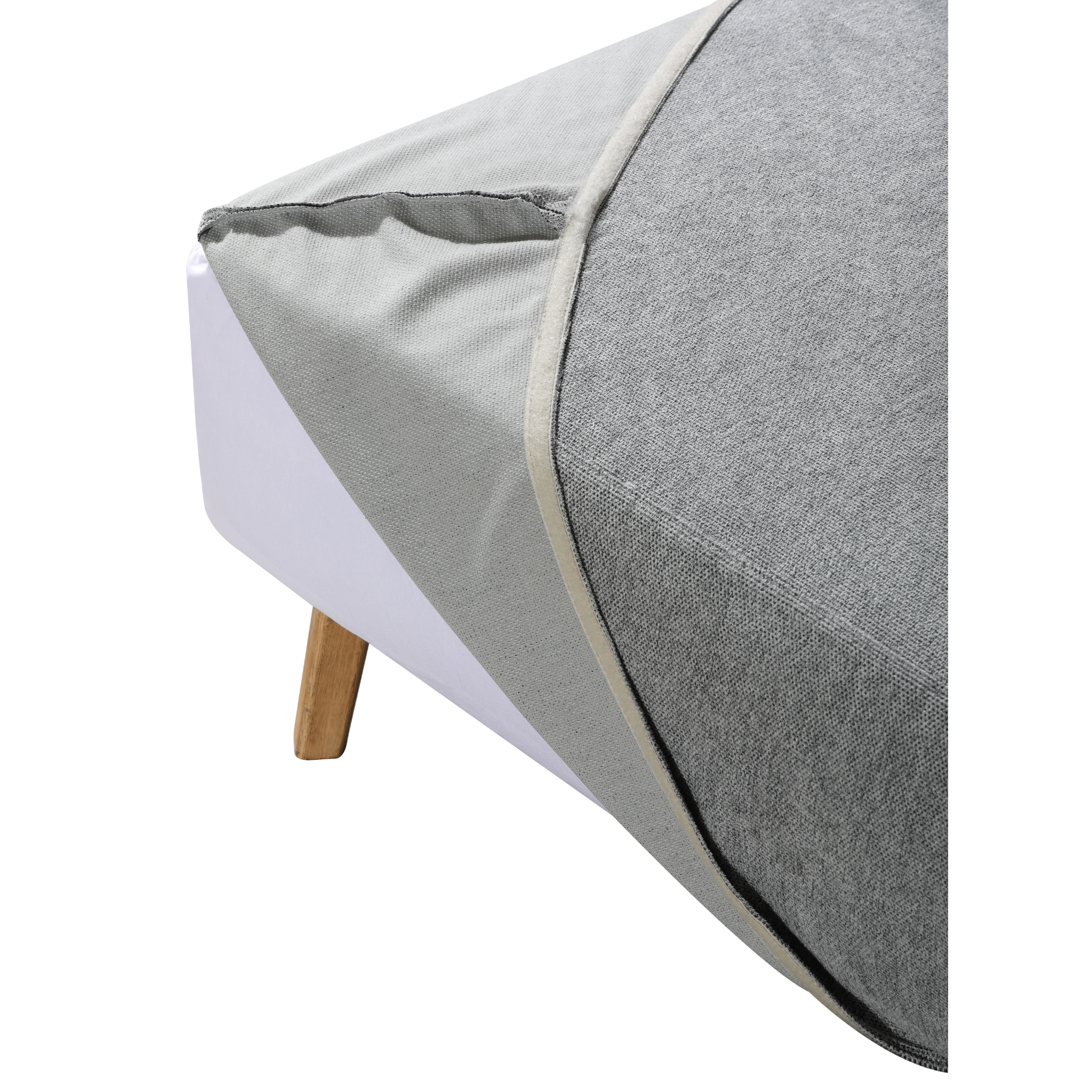 Restyl Bettsofa Flip mit grauem Bezug und Holzbeinen, Detail der abnehmbaren Armlehne und Polsterung