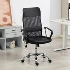 Moderner Bürostuhl schwarz mit Netzrücken, Armlehnen und Rollen - ergonomischer Chefsessel für Homeoffice.
