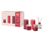 Bolsius Geschenkset Granatapfel mit 3 Kerzen und Raumduft-Diffuser in Rot-Rosa Tönen