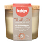 Bolsius True Joy Vanilla Delight Duftkerze im Glas mit Korkdeckel, 21 Stunden Brenndauer, pflanzliches Wachs