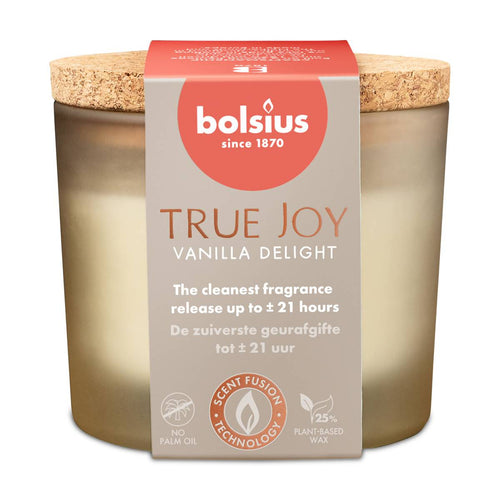 Bolsius True Joy Vanilla Delight Duftkerze im Glas mit Korkdeckel, 21 Stunden Brenndauer, pflanzliches Wachs