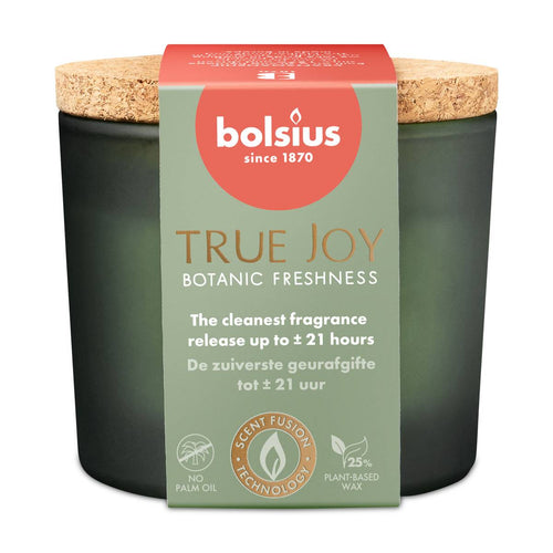 Bolsius True Joy Duftkerze Botanic Freshness im grünen Glas mit Korkdeckel, 21 Stunden Brenndauer