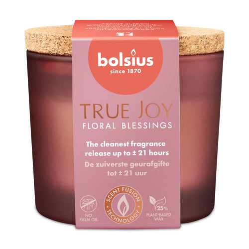 Bolsius True Joy Duftkerze "Floral Blessings" im rosa Glas mit Korkdeckel, 21 Stunden Brenndauer