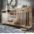 Rustikales Sideboard Ethno-Stil mit Holz, Metall & Leder-Schubladen, 2 Türen, Industriedesign, Wohnzimmer