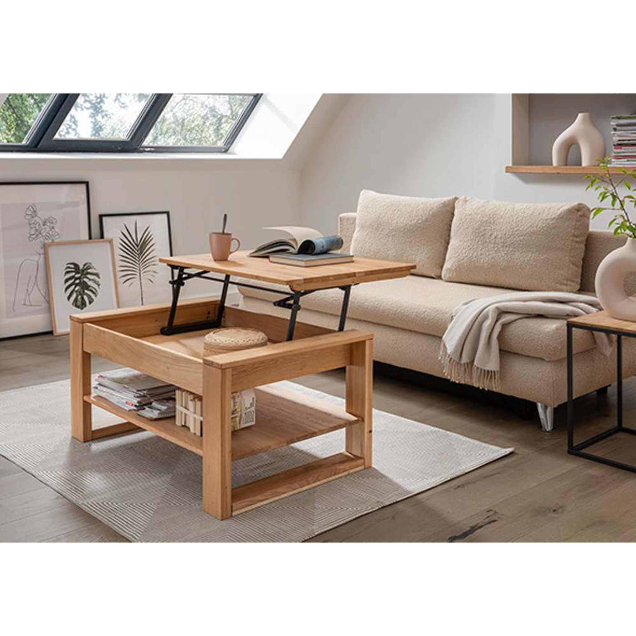 Table basse réglable en hauteur en chêne