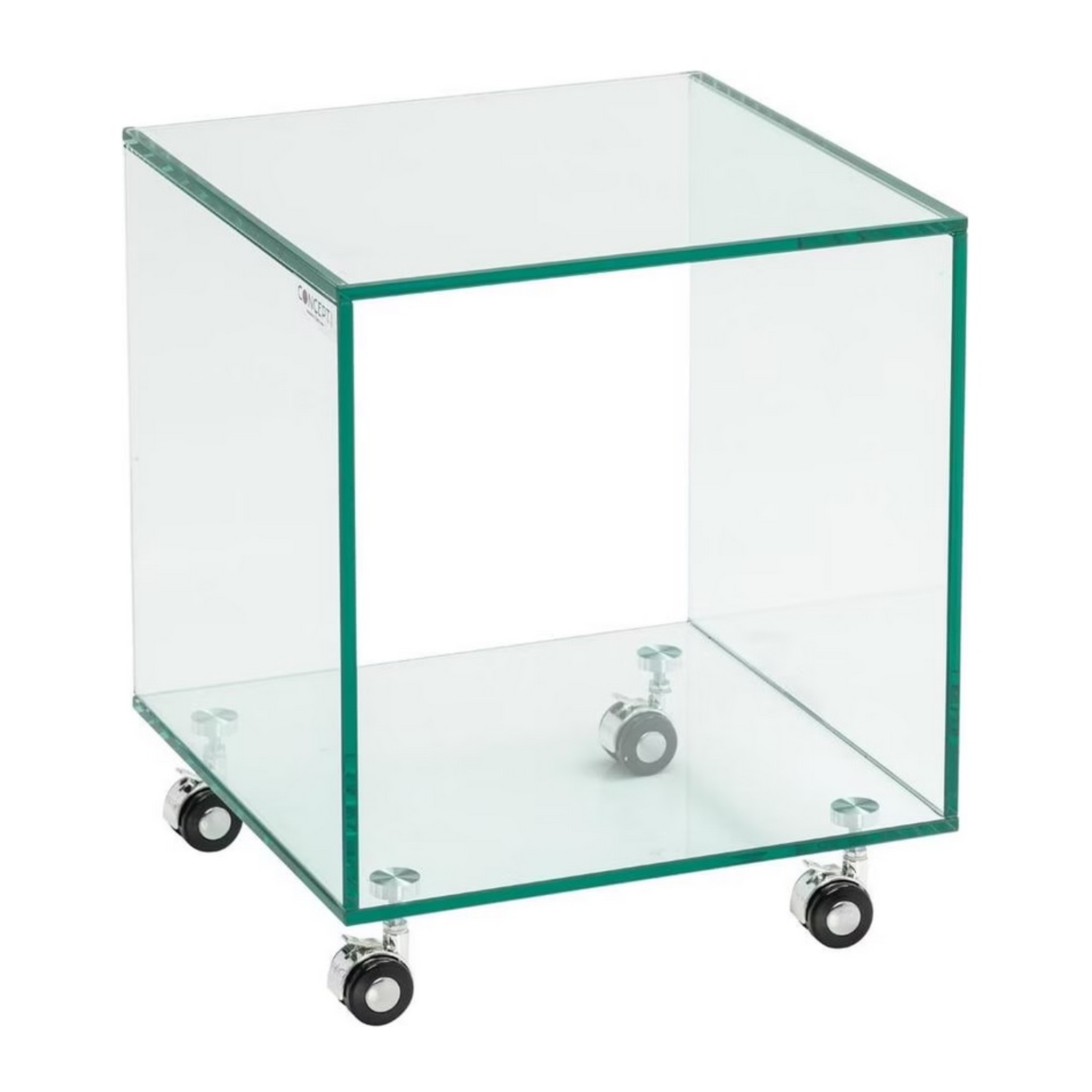 Table d'appoint cubique en verre - sur roulettes