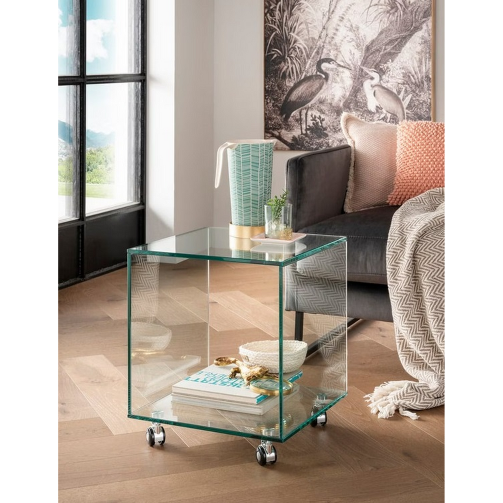Beistelltisch Cube aus Glas - auf Rollen