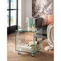 Concept Cube Beistelltisch aus Glas mit Rollen, zwei Ebenen, dekoriert mit Vase und Büchern im modernen Wohnzimmer