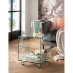 Concept Cube Beistelltisch aus Glas mit Rollen, zwei Ebenen, dekoriert mit Vase und Büchern im modernen Wohnzimmer