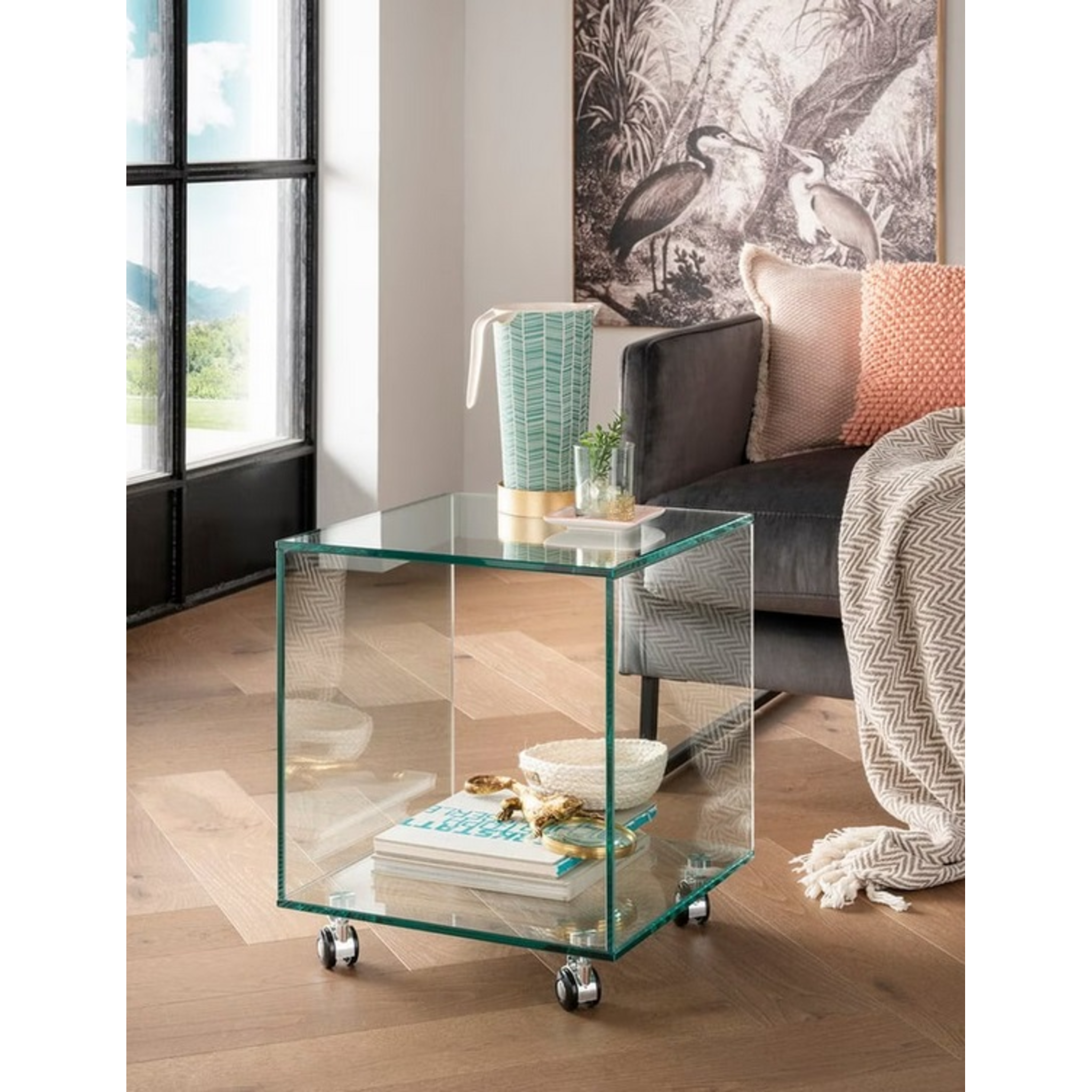 Table d'appoint cubique en verre - sur roulettes