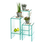 Transparente Glas-Blumensäule Lueta mit 3 Ebenen, dekoriert mit Sukkulenten und kleinen grünen Vasen