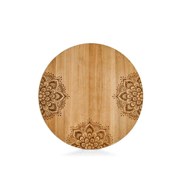Planche à découper ronde en bois d'acacia – motif henné et planche de service