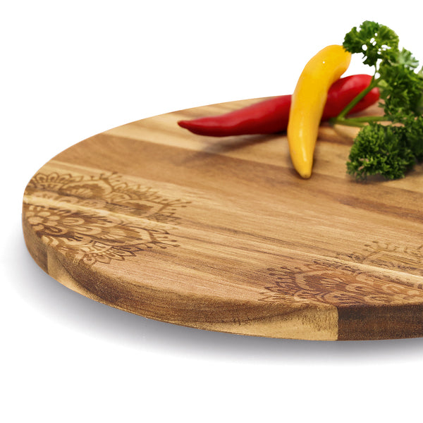 Planche à découper ronde en bois d'acacia – motif henné et planche de service