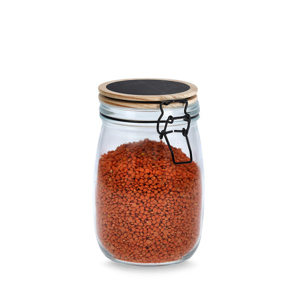 Bocal de conservation de 1000 ml avec fermeture à anse métallique et couvercle en bois