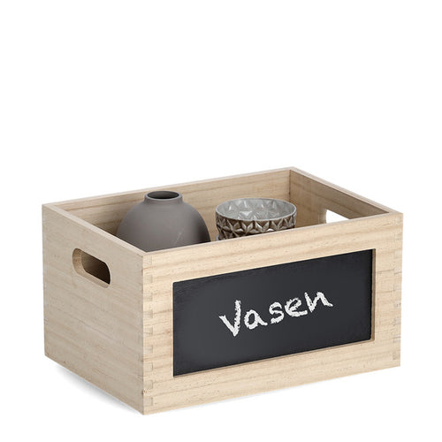 Holz-Allzweckkiste mit Tafelbeschriftung "Vasen", stapelbar, mit zwei grauen Vasen befüllt