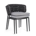 Bizzotto Stuhl Noelia Anthrazit mit Seilgeflecht-Rückenlehne und hellgrauem Sitzkissen, modernes Outdoor-Design