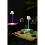Bizzotto LED-Tischlampe Etna in Weiß, Braun und Anthrazit mit farbigem Licht auf Holztisch, Nachtambiente