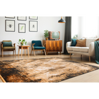 Lalee Elysee Teppich in Braun-Schwarz im modernen Retro-Wohnzimmer mit Holzmöbeln und weissem Sofa