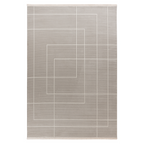 Lalee Elif Teppich in Beige-Grau mit geometrischem Linienmuster und Fransen, modernes minimalistisches Design