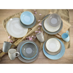 Creatable Kombiservice Nature Scandinavia 16-tlg. in Blau, Grau & Weiß mit Goldrand auf Holztisch