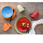 Buntes Kombiservice Nature 16-teilig mit Tellern, Schüsseln und Tassen in Orange, Blau, Grün und Rot