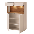 Highboard Tessin in Kaschmir/Wotan-Eiche mit offenen Schubladen, beleuchtetem Regal und Türen mit 3 Einlegeböden