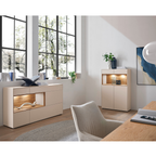 Tessin Highboard und Sideboard in Beige mit Holzelementen und LED-Beleuchtung in modernem Wohnzimmer