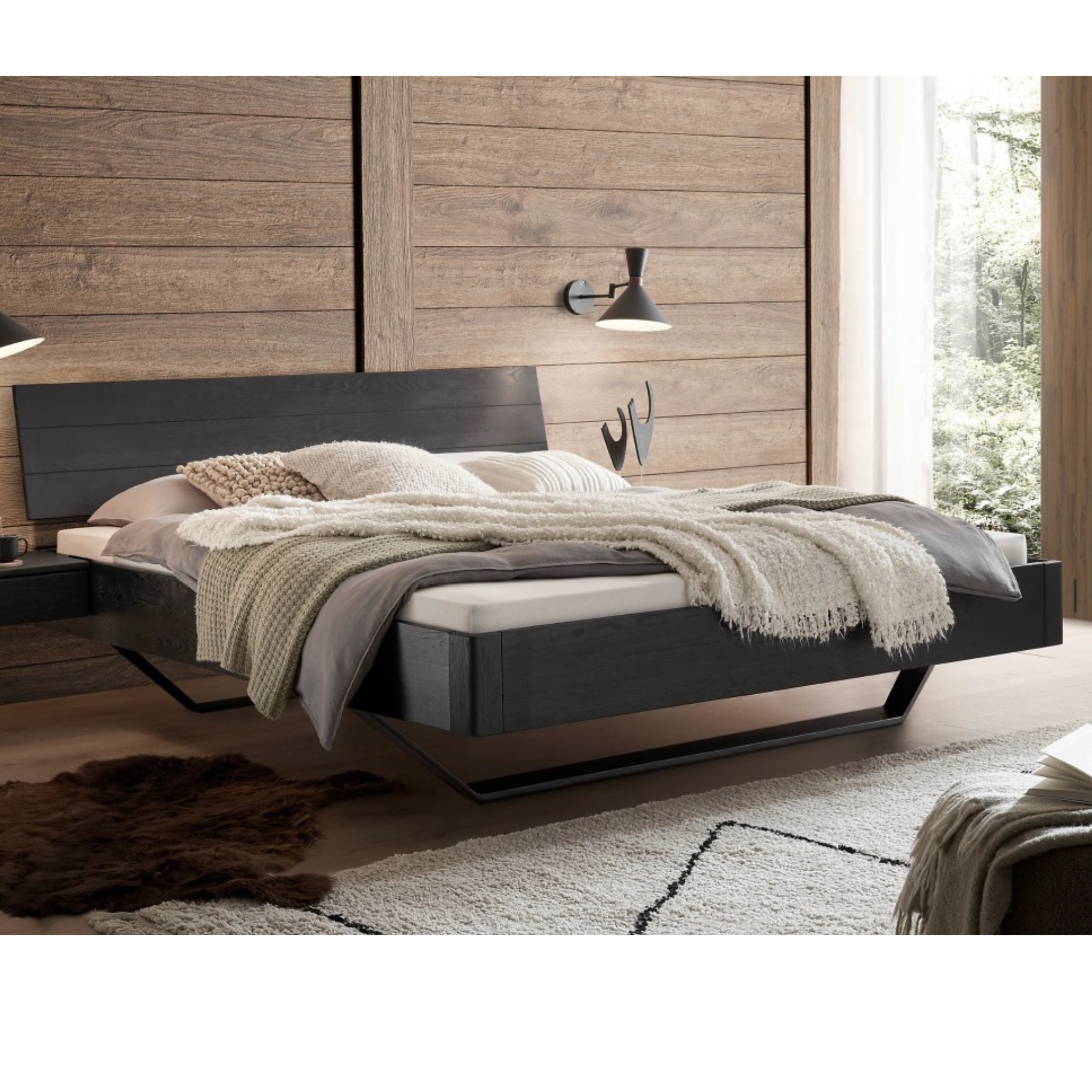 Lit à poutres en chêne, noir, 180x200