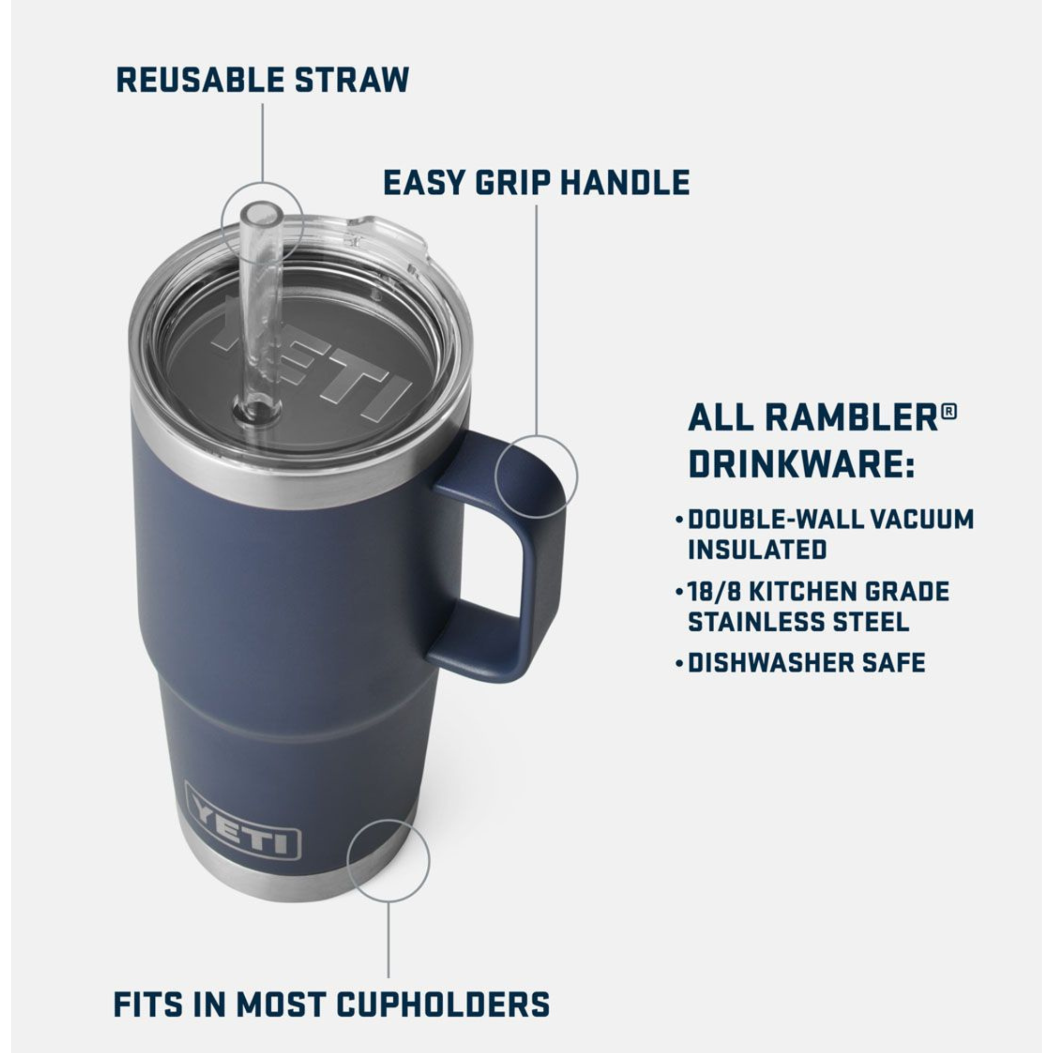 YETI Rambler Becher 760ml mit wiederverwendbarem Trinkhalm, doppelwandig isoliert, Edelstahl, spülmaschinenfest.