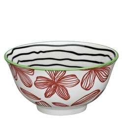 Küchenprofi Cilio Bowl Amici Floral – weisse Keramikschüssel mit roten Blumen, grünem Rand und Streifenmuster innen