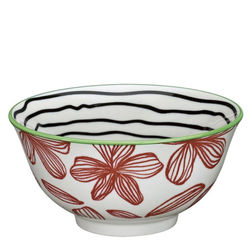 Küchenprofi Cilio Bowl Amici Floral – weisse Keramikschüssel mit roten Blumen, grünem Rand und Streifenmuster innen