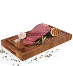 Küchenprofi Hackblock Eiche Stirnholz mit rohem Fleisch, Knoblauch, Spargel und Kräutern