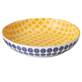 Küchenschale Amici 21cm mit gelbem Punktmuster innen und blauen Kreisen aussen, weisse Keramik